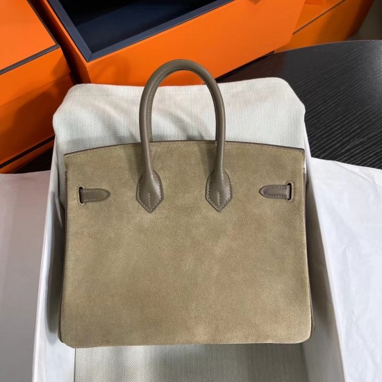 New Birkin Platinum 25cm Original Imported Suede Swift Leather Elephant Gray Silver Buckle Counter synchronization Handmade beeswax thread sewing Pure steel hardware High-end customized batch 1600