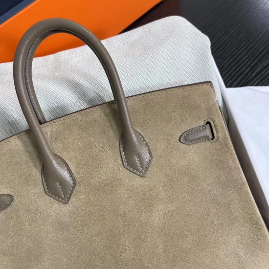 New Birkin Platinum 25cm Original Imported Suede Swift Leather Elephant Gray Silver Buckle Counter synchronization Handmade beeswax thread sewing Pure steel hardware High-end customized batch 1600