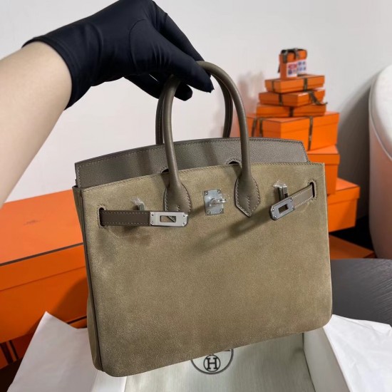 New Birkin Platinum 25cm Original Imported Suede Swift Leather Elephant Gray Silver Buckle Counter synchronization Handmade beeswax thread sewing Pure steel hardware High-end customized batch 1600
