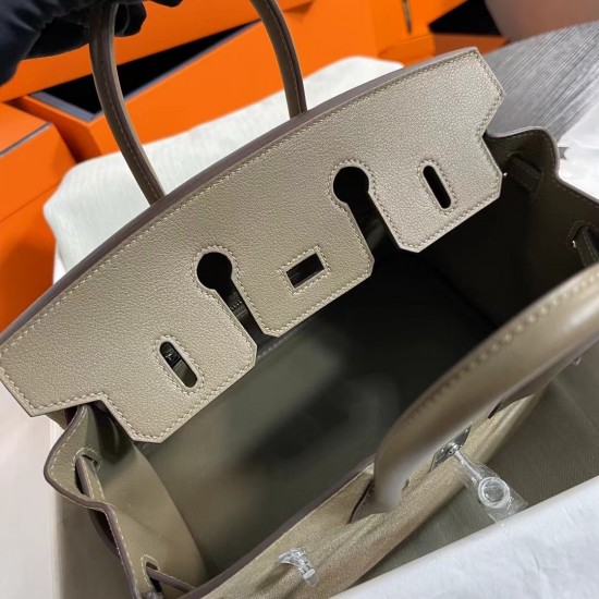 New Birkin Platinum 25cm Original Imported Suede Swift Leather Elephant Gray Silver Buckle Counter synchronization Handmade beeswax thread sewing Pure steel hardware High-end customized batch 1600