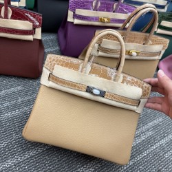 In stock touch BK25 Togo leather with high gloss crocodile platinum 25cm fully hand stitched with waxed thread Full steel hardware Lined with goat skin