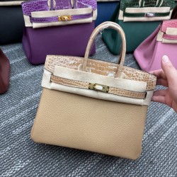 In stock touch BK25 Togo leather with high gloss crocodile platinum 25cm fully hand stitched with waxed thread Full steel hardware Lined with goat skin