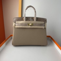 In stock touch BK25 Togo leather with high gloss crocodile platinum 25cm fully hand stitched with waxed thread Full steel hardware Lined with goat skin