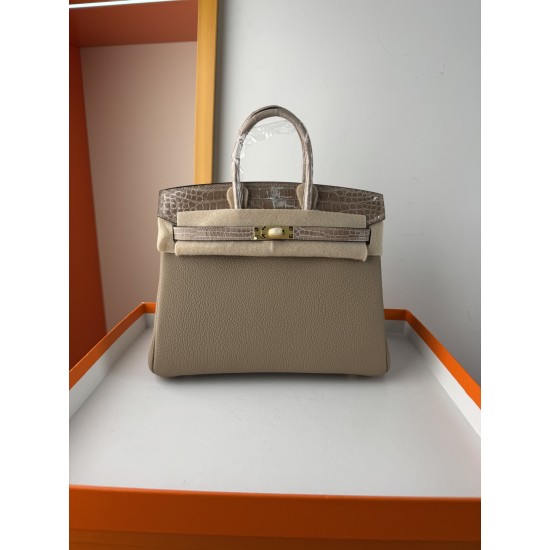 In stock touch BK25 Togo leather with high gloss crocodile platinum 25cm fully hand stitched with waxed thread Full steel hardware Lined with goat skin