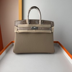 In stock touch BK25 Togo leather with high gloss crocodile platinum 25cm fully hand stitched with waxed thread Full steel hardware Lined with goat skin