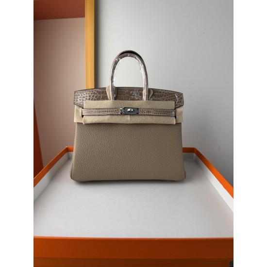 In stock touch BK25 Togo leather with high gloss crocodile platinum 25cm fully hand stitched with waxed thread Full steel hardware Lined with goat skin