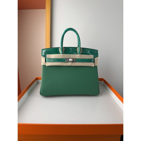 In stock touch BK25 Togo leather with high gloss crocodile platinum 25cm fully hand stitched with waxed thread Full steel hardware Lined with goat skin