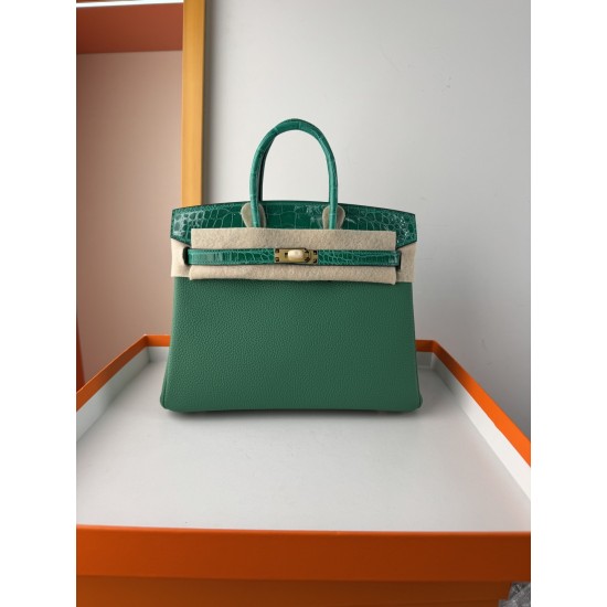 In stock touch BK25 Togo leather with high gloss crocodile platinum 25cm fully hand stitched with waxed thread Full steel hardware Lined with goat skin