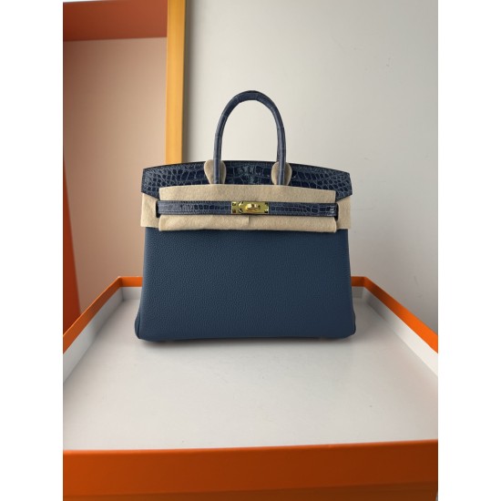 In stock touch BK25 Togo leather with high gloss crocodile platinum 25cm fully hand stitched with waxed thread Full steel hardware Lined with goat skin