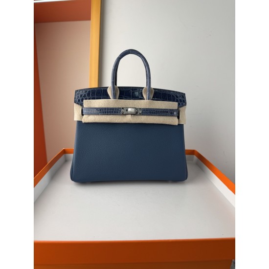 In stock touch BK25 Togo leather with high gloss crocodile platinum 25cm fully hand stitched with waxed thread Full steel hardware Lined with goat skin