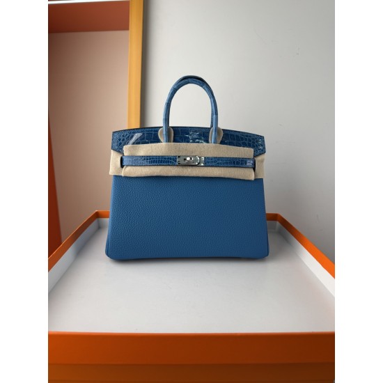 In stock touch BK25 Togo leather with high gloss crocodile platinum 25cm fully hand stitched with waxed thread Full steel hardware Lined with goat skin