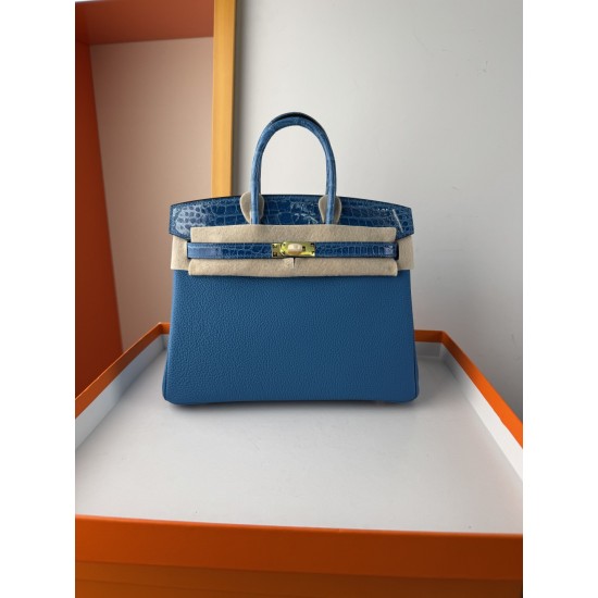 In stock touch BK25 Togo leather with high gloss crocodile platinum 25cm fully hand stitched with waxed thread Full steel hardware Lined with goat skin