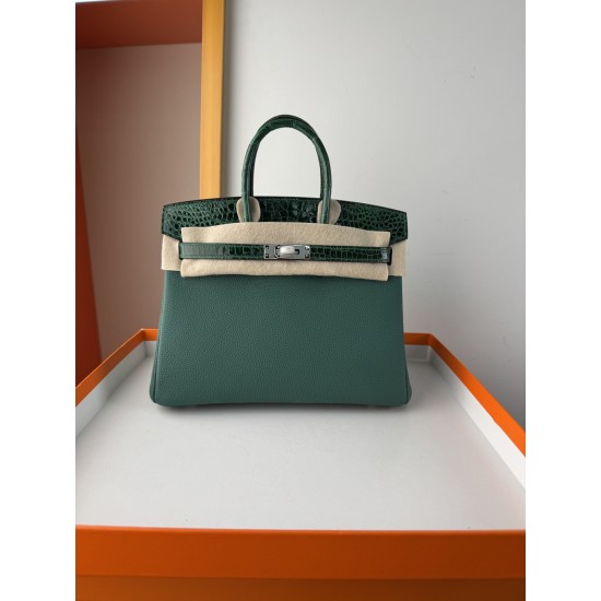 In stock touch BK25 Togo leather with high gloss crocodile platinum 25cm fully hand stitched with waxed thread Full steel hardware Lined with goat skin