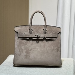 New Birkin Platinum 25cm Original Imported Suede Khaki Silver Buckle Counter Synchronization Handmade Beeswax Thread Sewing Pure Steel Hardware High-end Customized Batch 1600