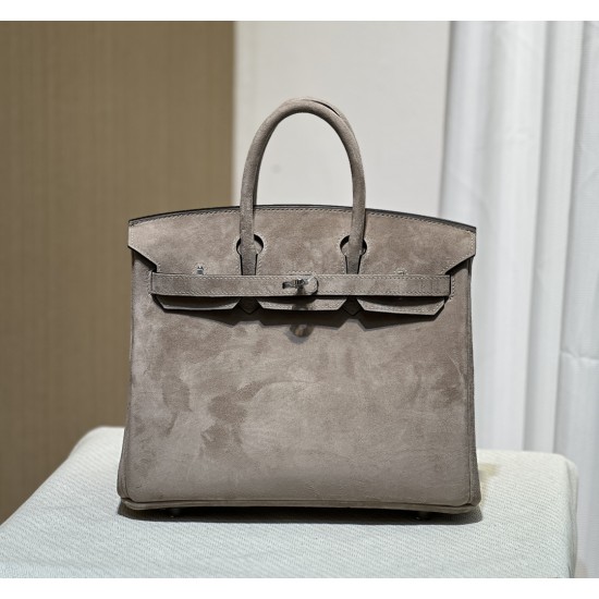 New Birkin Platinum 25cm Original Imported Suede Khaki Silver Buckle Counter Synchronization Handmade Beeswax Thread Sewing Pure Steel Hardware High-end Customized Batch 1600