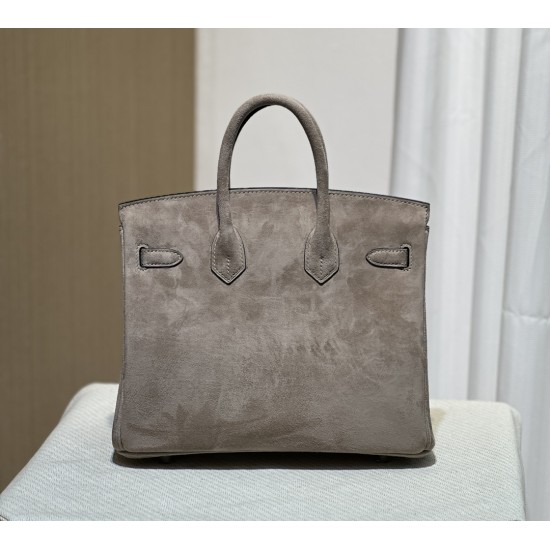 New Birkin Platinum 25cm Original Imported Suede Khaki Silver Buckle Counter Synchronization Handmade Beeswax Thread Sewing Pure Steel Hardware High-end Customized Batch 1600
