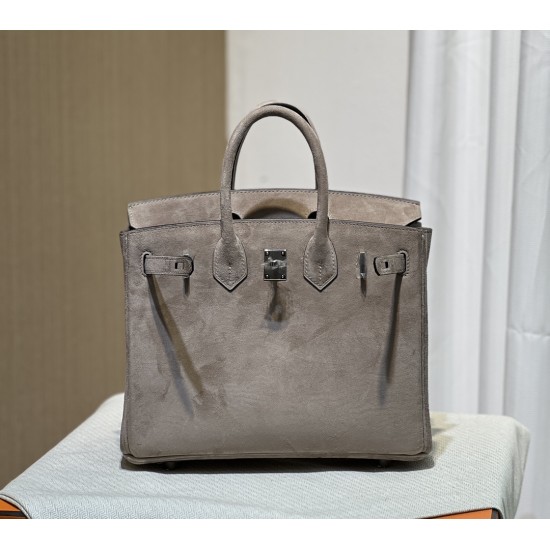 New Birkin Platinum 25cm Original Imported Suede Khaki Silver Buckle Counter Synchronization Handmade Beeswax Thread Sewing Pure Steel Hardware High-end Customized Batch 1600