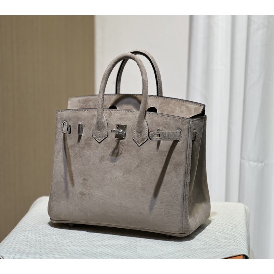 New Birkin Platinum 25cm Original Imported Suede Khaki Silver Buckle Counter Synchronization Handmade Beeswax Thread Sewing Pure Steel Hardware High-end Customized Batch 1600
