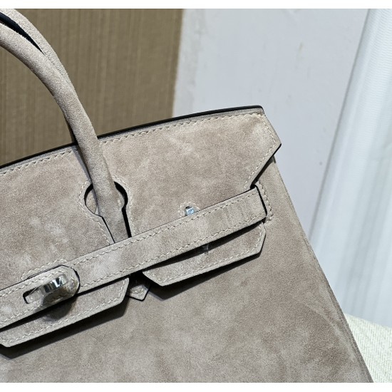 New Birkin Platinum 25cm Original Imported Suede Khaki Silver Buckle Counter Synchronization Handmade Beeswax Thread Sewing Pure Steel Hardware High-end Customized Batch 1600