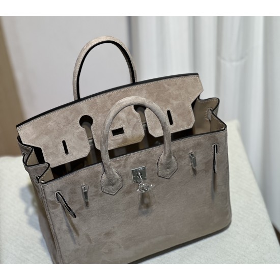 New Birkin Platinum 25cm Original Imported Suede Khaki Silver Buckle Counter Synchronization Handmade Beeswax Thread Sewing Pure Steel Hardware High-end Customized Batch 1600