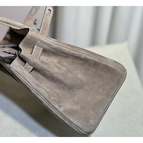 New Birkin Platinum 25cm Original Imported Suede Khaki Silver Buckle Counter Synchronization Handmade Beeswax Thread Sewing Pure Steel Hardware High-end Customized Batch 1600