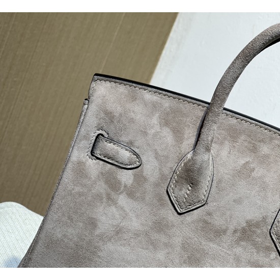 New Birkin Platinum 25cm Original Imported Suede Khaki Silver Buckle Counter Synchronization Handmade Beeswax Thread Sewing Pure Steel Hardware High-end Customized Batch 1600