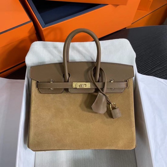 New Birkin Platinum 25cm Original Imported Suede Swift Leather Chestnut Gold Buckle Counter synchronization Handmade beeswax thread sewing Pure steel hardware High-end customized batch 1600