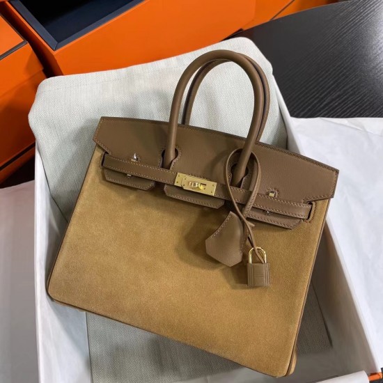 New Birkin Platinum 25cm Original Imported Suede Swift Leather Chestnut Gold Buckle Counter synchronization Handmade beeswax thread sewing Pure steel hardware High-end customized batch 1600