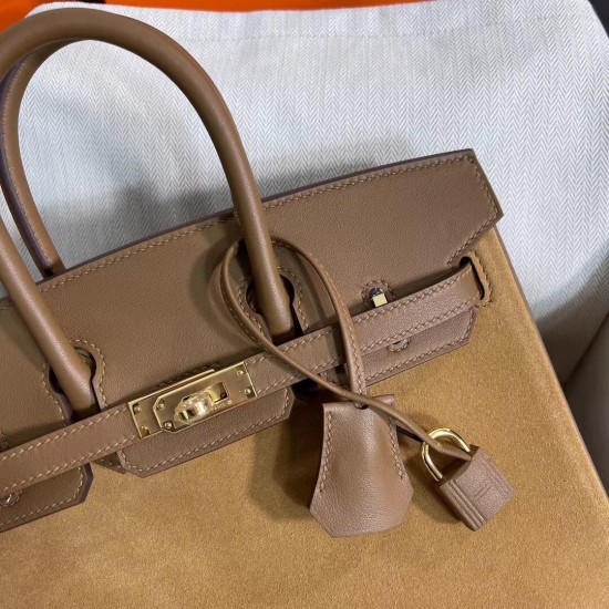 New Birkin Platinum 25cm Original Imported Suede Swift Leather Chestnut Gold Buckle Counter synchronization Handmade beeswax thread sewing Pure steel hardware High-end customized batch 1600