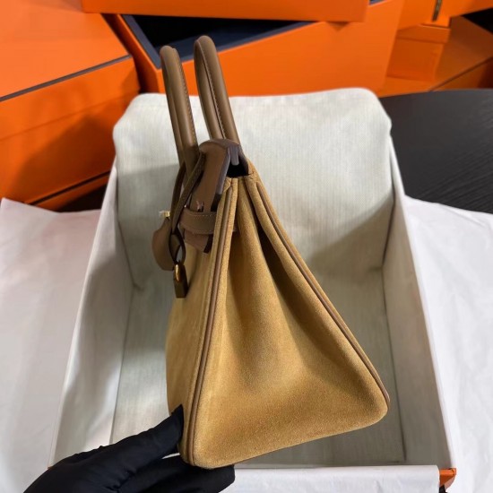 New Birkin Platinum 25cm Original Imported Suede Swift Leather Chestnut Gold Buckle Counter synchronization Handmade beeswax thread sewing Pure steel hardware High-end customized batch 1600