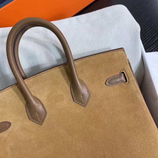New Birkin Platinum 25cm Original Imported Suede Swift Leather Chestnut Gold Buckle Counter synchronization Handmade beeswax thread sewing Pure steel hardware High-end customized batch 1600
