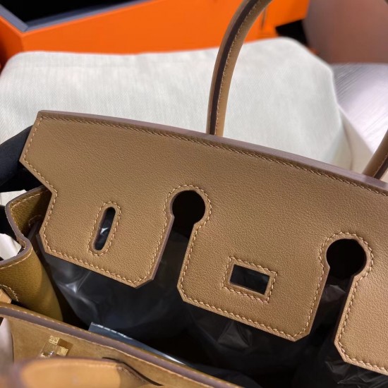 New Birkin Platinum 25cm Original Imported Suede Swift Leather Chestnut Gold Buckle Counter synchronization Handmade beeswax thread sewing Pure steel hardware High-end customized batch 1600