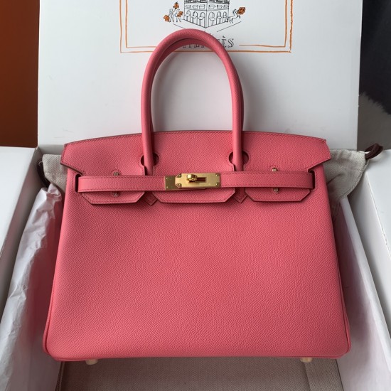 Spot Birkin 30cm Imported Epsom Leather Handmade Waxed Stitching Lipstick Pink Gold Silver Button One Color Accepts Customized Oh Batch 1234
