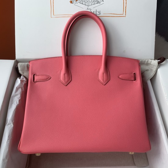 Spot Birkin 30cm Imported Epsom Leather Handmade Waxed Stitching Lipstick Pink Gold Silver Button One Color Accepts Customized Oh Batch 1234
