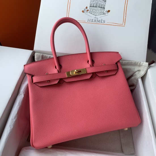 Spot Birkin 30cm Imported Epsom Leather Handmade Waxed Stitching Lipstick Pink Gold Silver Button One Color Accepts Customized Oh Batch 1234