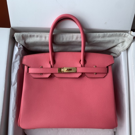 Spot Birkin 30cm Imported Epsom Leather Handmade Waxed Stitching Lipstick Pink Gold Silver Button One Color Accepts Customized Oh Batch 1234