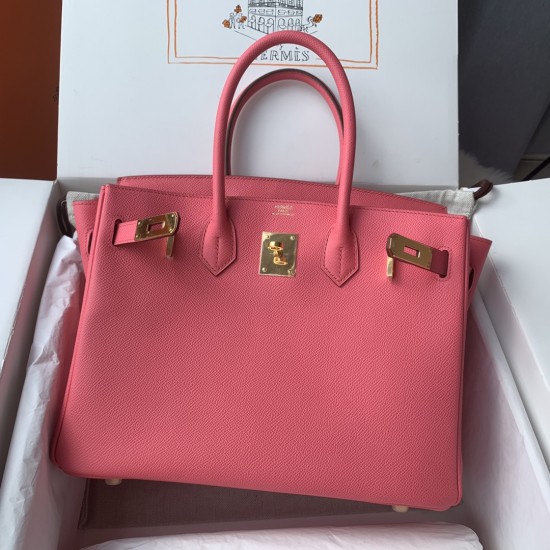 Spot Birkin 30cm Imported Epsom Leather Handmade Waxed Stitching Lipstick Pink Gold Silver Button One Color Accepts Customized Oh Batch 1234