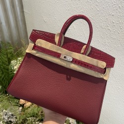 P1234 in stock touch BK25cm platinum Togo leather with high-gloss crocodile leather platinum 30cm hand-stitched waxed thread All steel hardware Lining goatskin