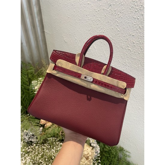 P1234 in stock touch BK25cm platinum Togo leather with high-gloss crocodile leather platinum 30cm hand-stitched waxed thread All steel hardware Lining goatskin