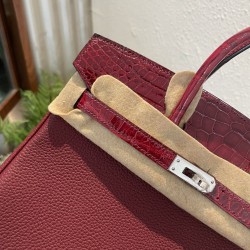 P1234 in stock touch BK25cm platinum Togo leather with high-gloss crocodile leather platinum 30cm hand-stitched waxed thread All steel hardware Lining goatskin