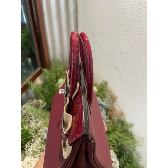 P1234 in stock touch BK25cm platinum Togo leather with high-gloss crocodile leather platinum 30cm hand-stitched waxed thread All steel hardware Lining goatskin