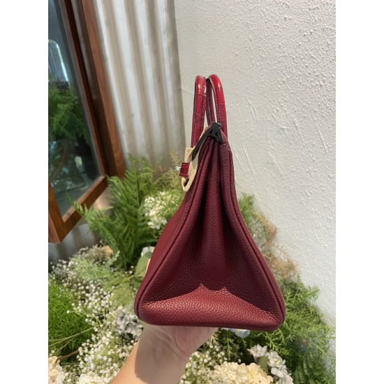 P1234 in stock touch BK25cm platinum Togo leather with high-gloss crocodile leather platinum 30cm hand-stitched waxed thread All steel hardware Lining goatskin