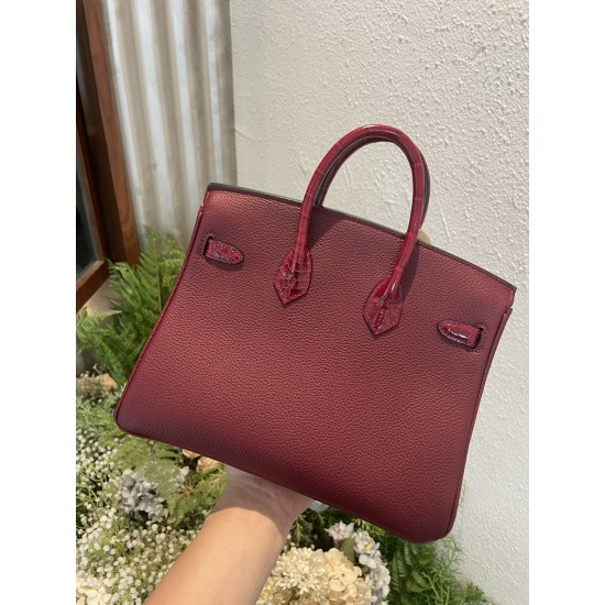 P1234 in stock touch BK25cm platinum Togo leather with high-gloss crocodile leather platinum 30cm hand-stitched waxed thread All steel hardware Lining goatskin