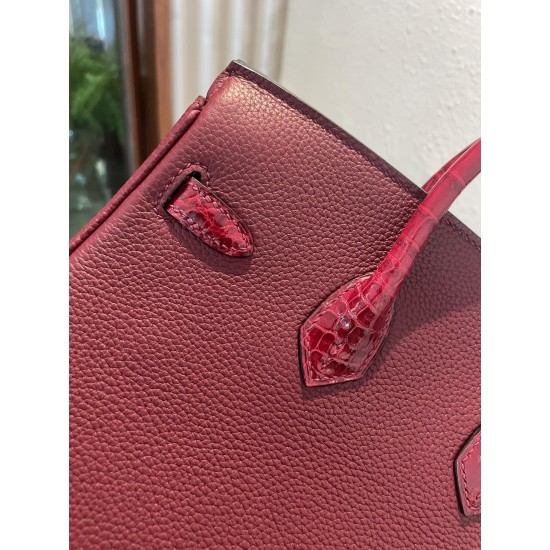 P1234 in stock touch BK25cm platinum Togo leather with high-gloss crocodile leather platinum 30cm hand-stitched waxed thread All steel hardware Lining goatskin