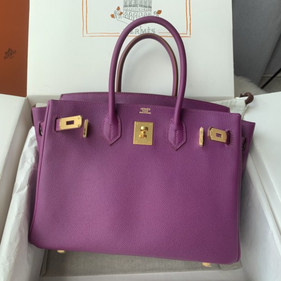Spot Birkin 30cm Imported Epsom Leather Handmade Wax Stitching Anemone Purple Gold Silver Buckle One color can be customized Oh Batch 1234