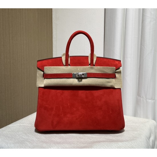 New Birkin platinum 25cm original imported suede Ferrari red silver buckle counter synchronization handmade beeswax thread sewing pure steel hardware high-end customized batch 1600