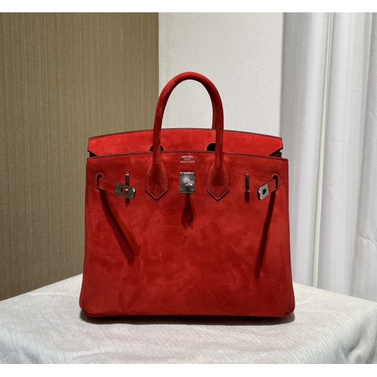 New Birkin platinum 25cm original imported suede Ferrari red silver buckle counter synchronization handmade beeswax thread sewing pure steel hardware high-end customized batch 1600