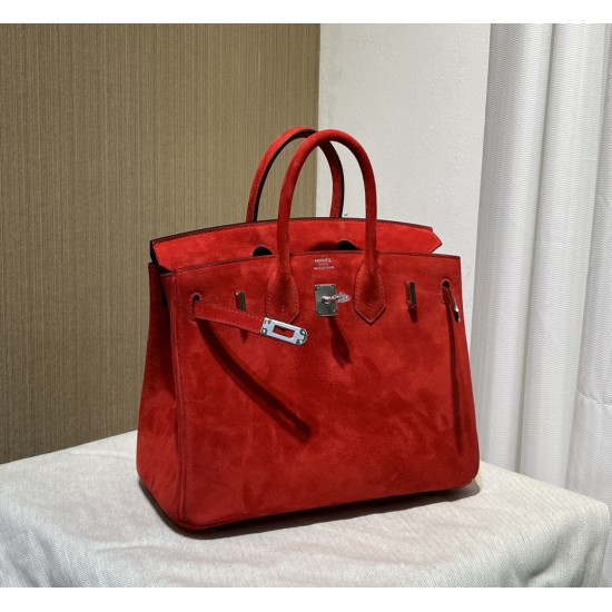 New Birkin platinum 25cm original imported suede Ferrari red silver buckle counter synchronization handmade beeswax thread sewing pure steel hardware high-end customized batch 1600