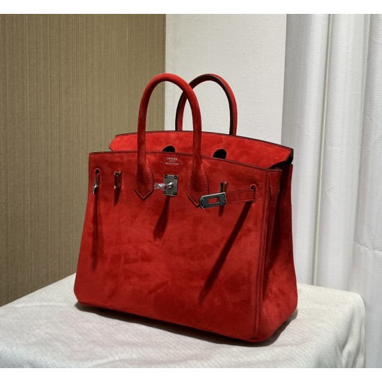 New Birkin platinum 25cm original imported suede Ferrari red silver buckle counter synchronization handmade beeswax thread sewing pure steel hardware high-end customized batch 1600