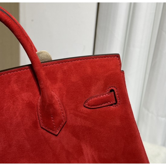New Birkin platinum 25cm original imported suede Ferrari red silver buckle counter synchronization handmade beeswax thread sewing pure steel hardware high-end customized batch 1600